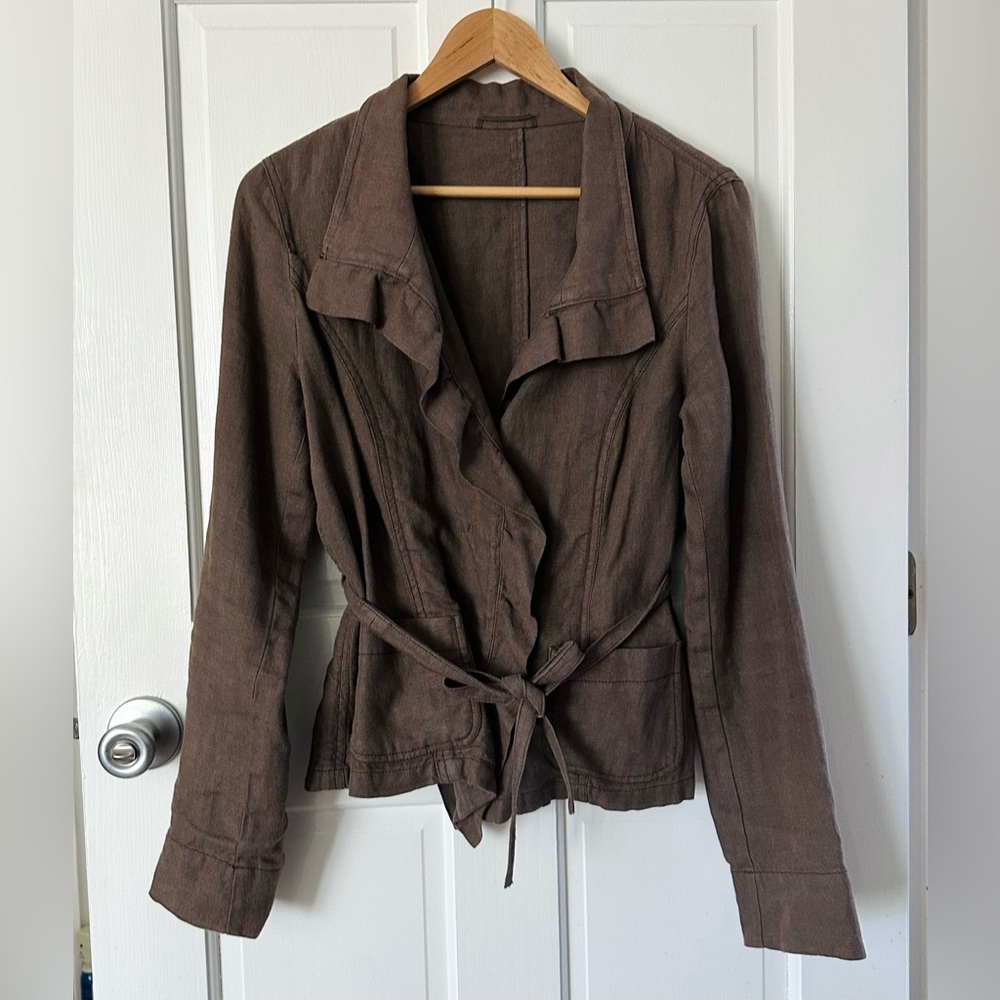 WEEKEND MaxMara Brown Linen Ruffle Front Tie Waist Jacket Size 12